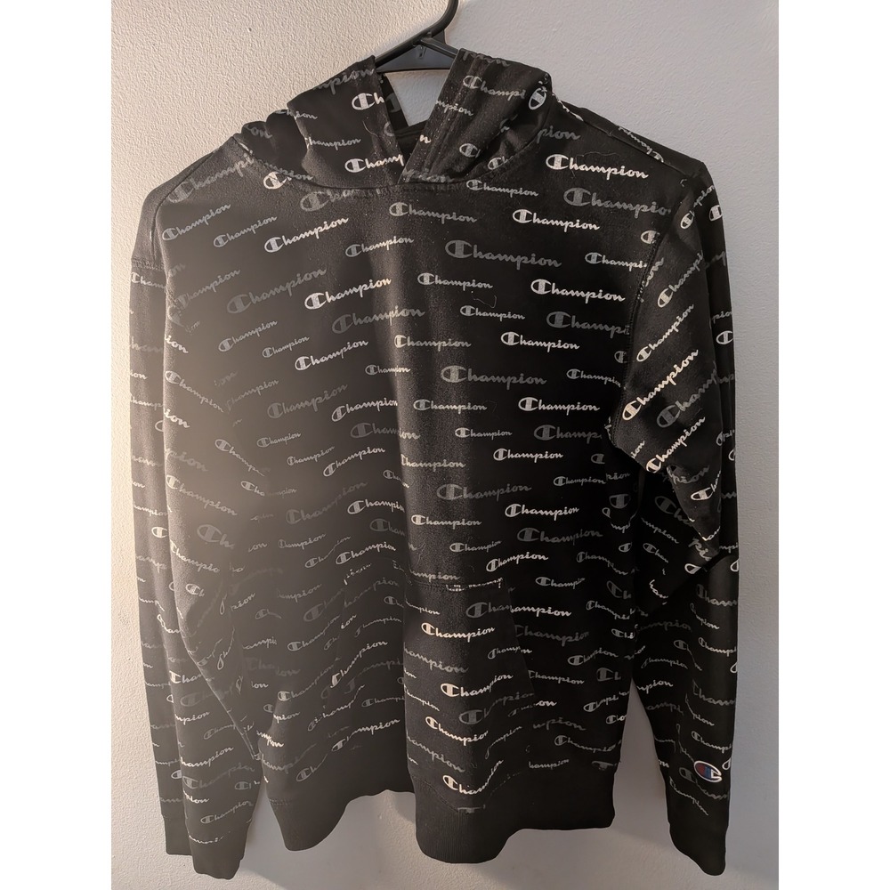 Champion Boys XL Black Hoodie All Over Logo Print Sweatshirt Authentic Athletic